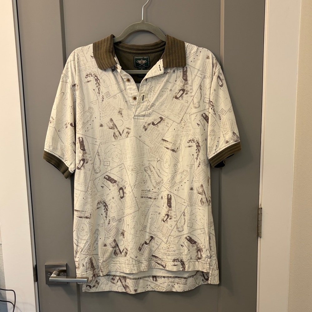 Men's White Patterned Polo Shirt with Olive Trim - Fun Vintage Shirt